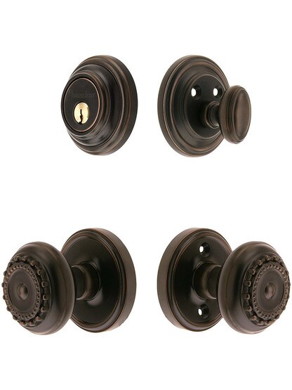 Grandeur Georgetown Entry Door Set, Keyed Alike with Parthenon Knobs in Oil-Rubbed Bronze.